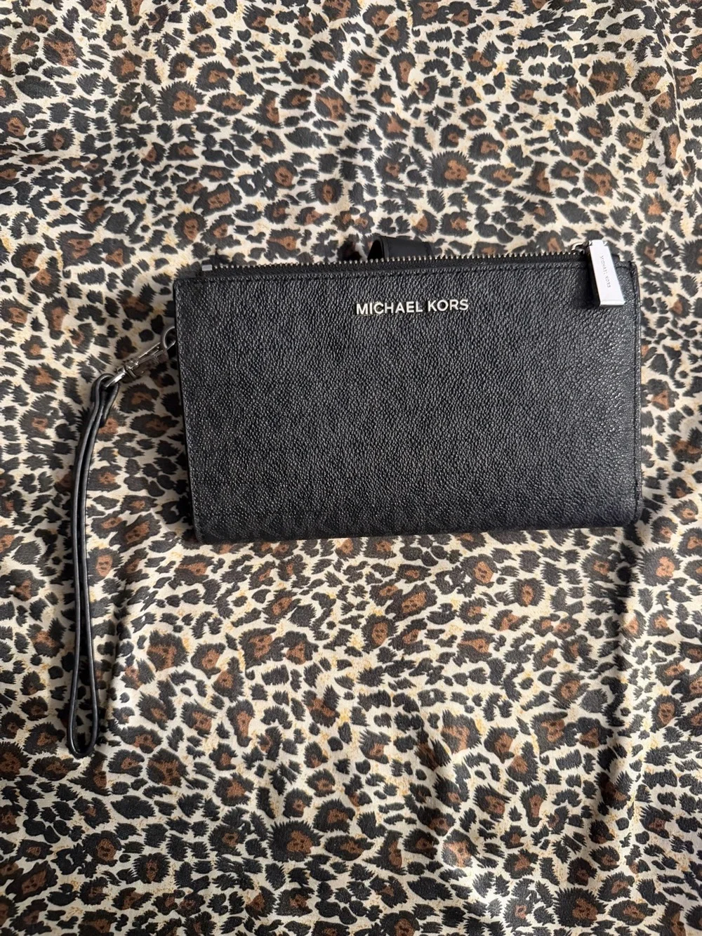 Michael Kors Black Pebbled Leather Wristlet Clutch with Gold Logo